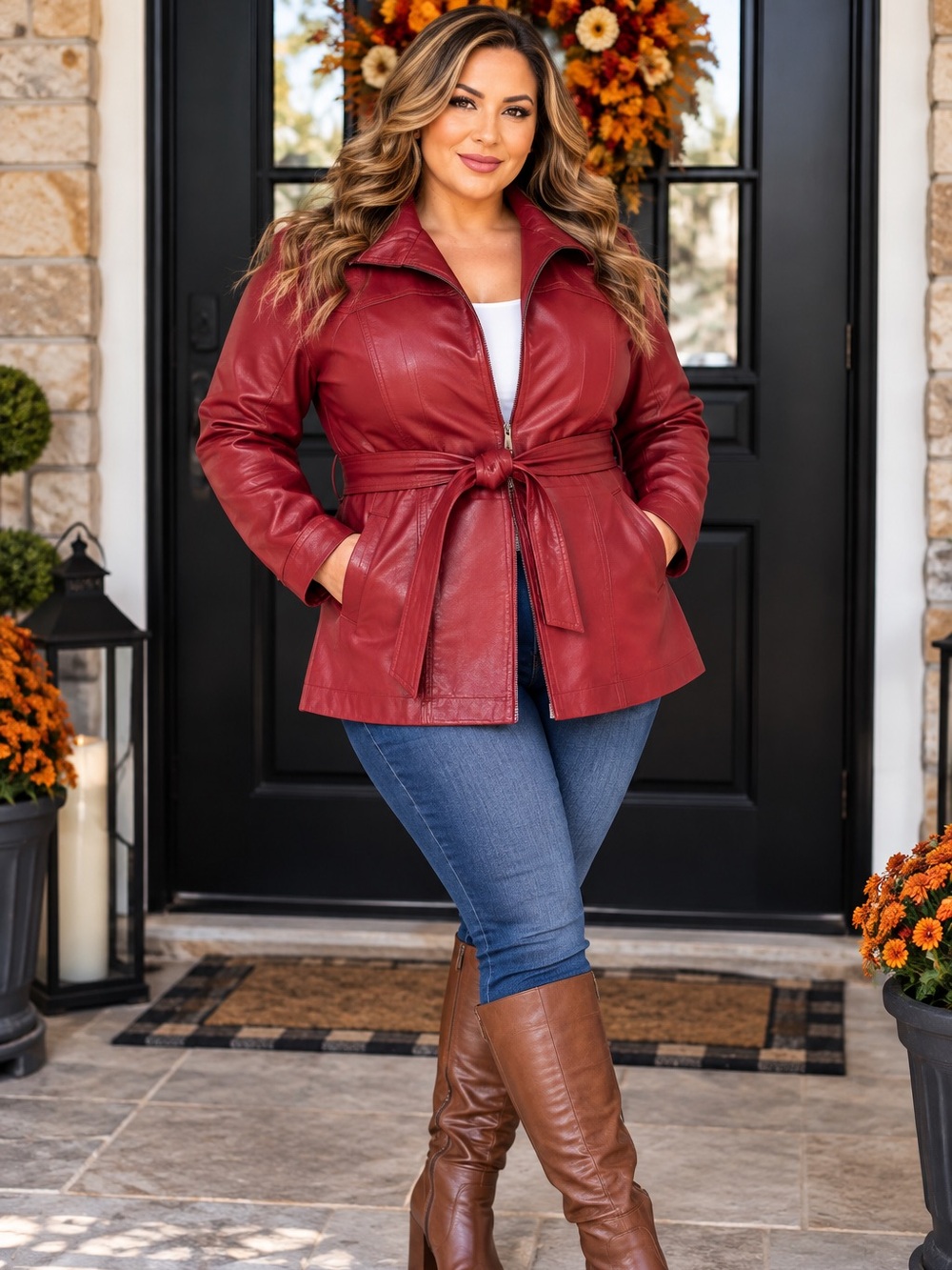 Plus-Size Red Leather Tie-Waist Jacket